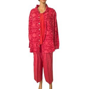 FLAX Jeanne Engelhart Women’s Linen Three Piece Coral Pink Rose Print Set